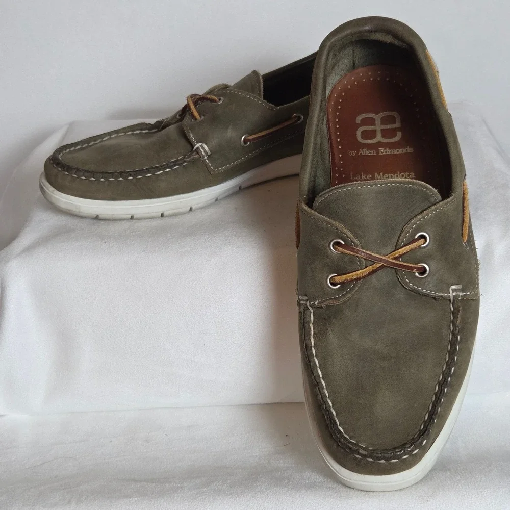 Allen Edmonds Lake Mendota Mens 7.5 E Olive Green Nubuck Boat Shoes Nautical